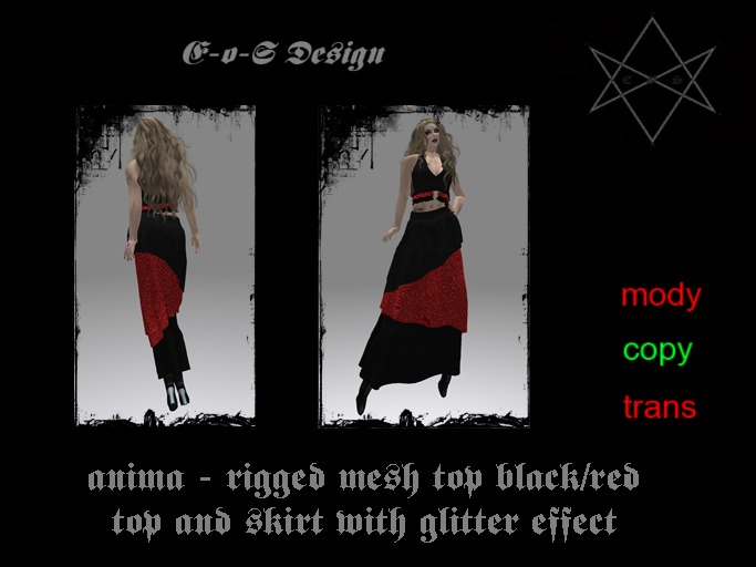 Anima rigged mesh top and skirt with glitter effect black/red
