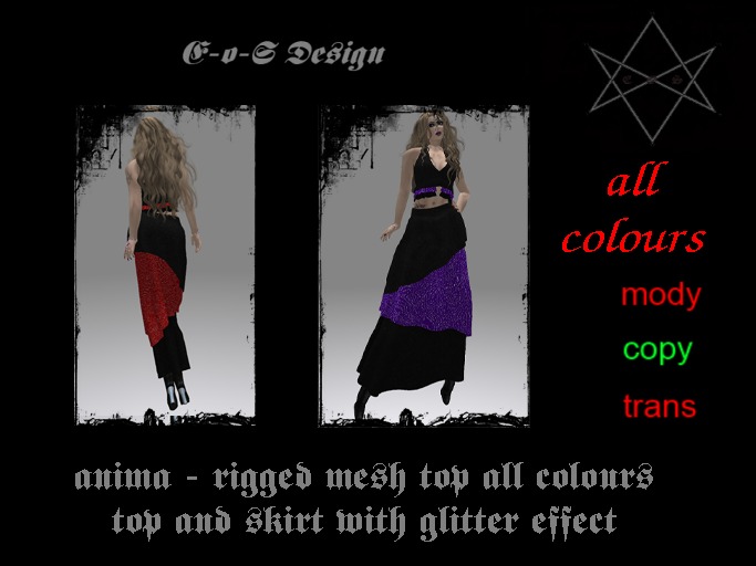 Anima rigged mesh top and skirt with glitter effect all colors