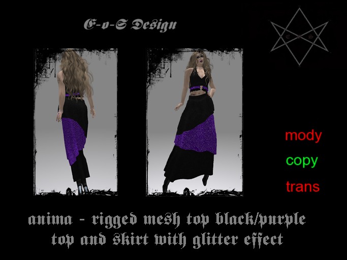 Anima rigged mesh top and skirt with glitter effect black/purple