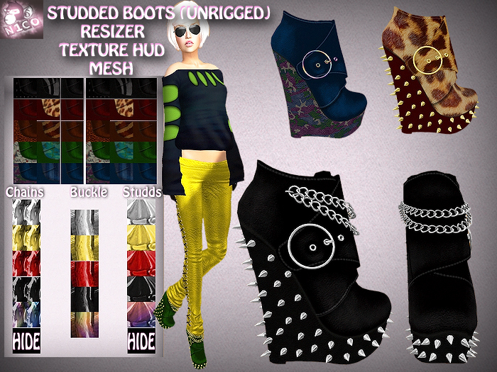 N1CO Studded Boots + Chains and Texture HUD (mesh) BAGGED