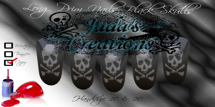 Long Prim Nails Black Skulls