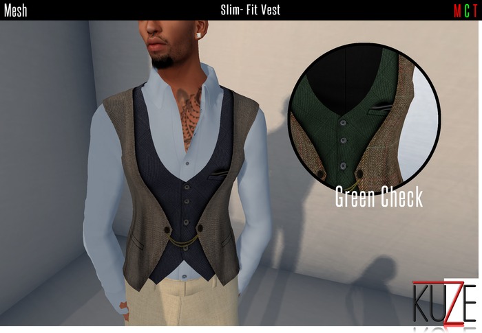 .kuZe. Slim- Fit Vest - Green Check
