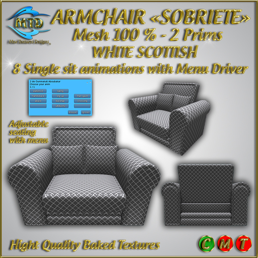 MTD-ARMCHAIR "SOBRIETE" - WHITE SCOTTISH - MESH - 8 Poses