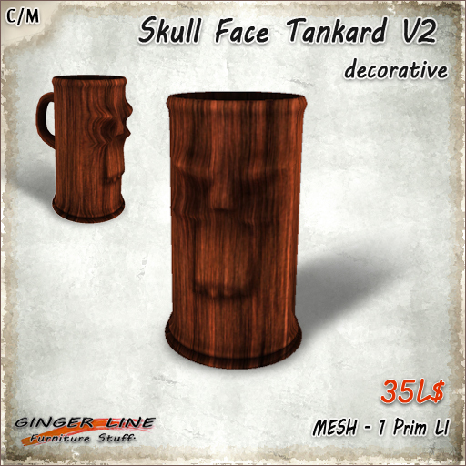 [Ginger Line] Skull Face Tankard V2 - Decorative rustic wood tankard / jug