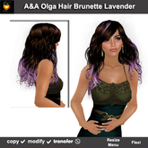 A&A Olga Hair Brunette-Lavender (Special Color). Long flexi curly with menu colorable streaks