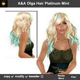 A&A Olga Hair Platinum-Mint (Special Color). Long flexi curly with menu colorable streaks