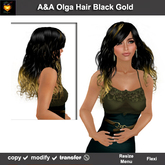 A&A Olga Hair Black-Gold (Special Color). Long flexi curly with menu colorable streaks
