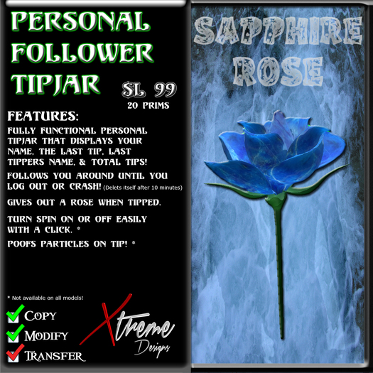 Personal Follower Rose Tipjar - Sapphire - Copyable Floating TipJar