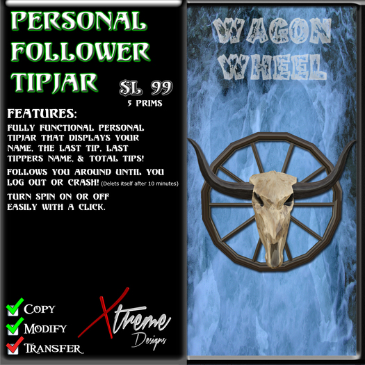 Personal Follower Tipjar - Wagon Wheel - Wild West - Country Western - Copyable Floating TipJar