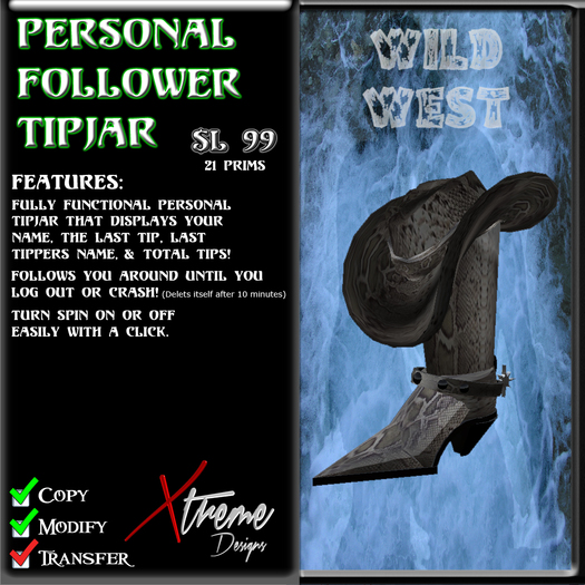 Personal Follower Tipjar - Wild West - Country Western - Cowboy Hat - Cowboy Boot - Boots - Copyable Floating TipJar