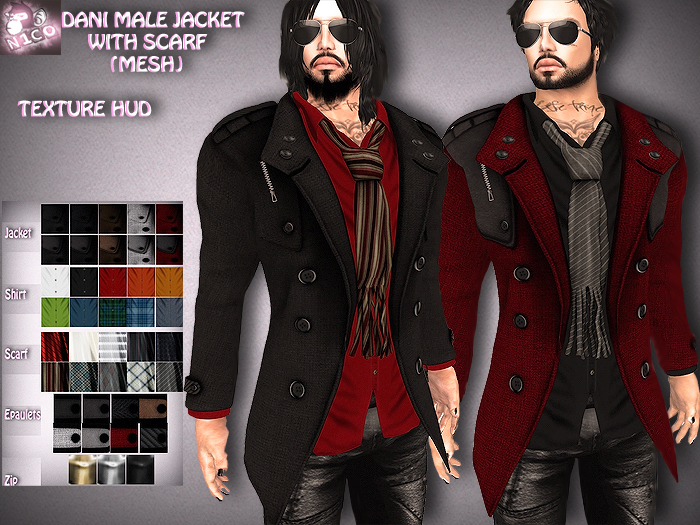 N1CO Dani Male Coat w Scarf + Texture HUD (mesh) BAGGED