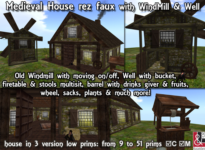 Medieval House, WindMill & Well, Full Set - low prims