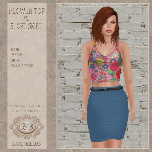 .:Ecce Bellus:. Pink Flower half top/Blue short skirt