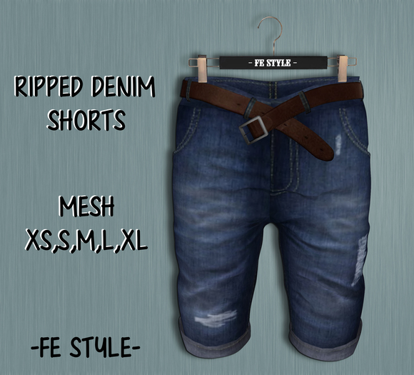 ::Fe Style:: Ripped Denim Shorts/Brown.Belt (Blue)
