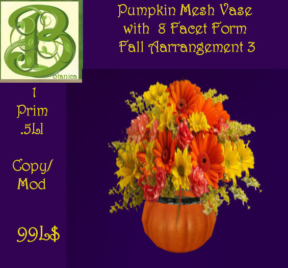 Mesh Pumpkin Vase with Fall Flowers 3 - Only  1 Prim - .5LI