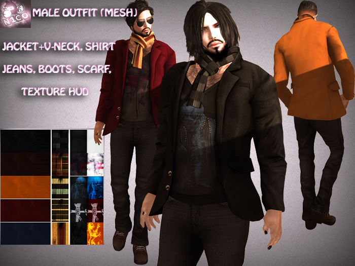 N1CO Male Outfit V1 - Jacket Jeans Boots Scarf HUD(mesh) Bagged