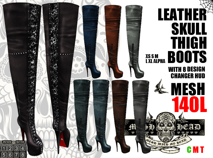 Mesh Head - Leather Skull Thigh Boots - All Sizes
