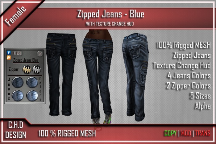 [C.H.D] MESH Female Zipped Jeans Blue