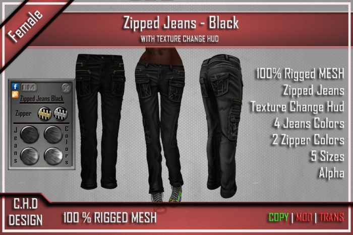 [C.H.D] MESH Female Zipped Jeans Black