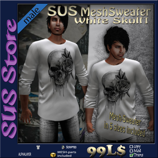SUS MeshSweater White Skull1