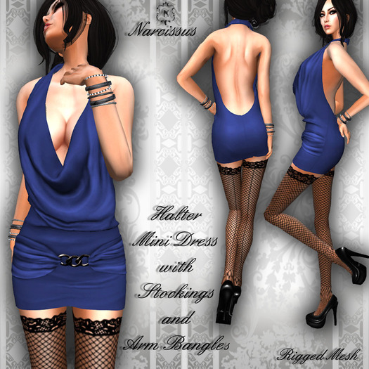 ~Narcissus~Halter Mini Dress Blue Rigged Mesh