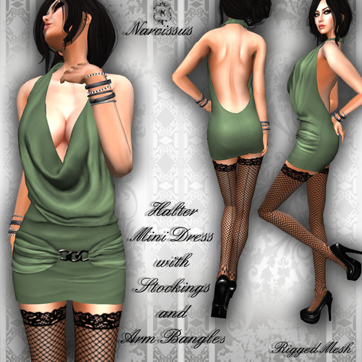 ~Narcissus~Halter Mini Dress Green Rigged Mesh