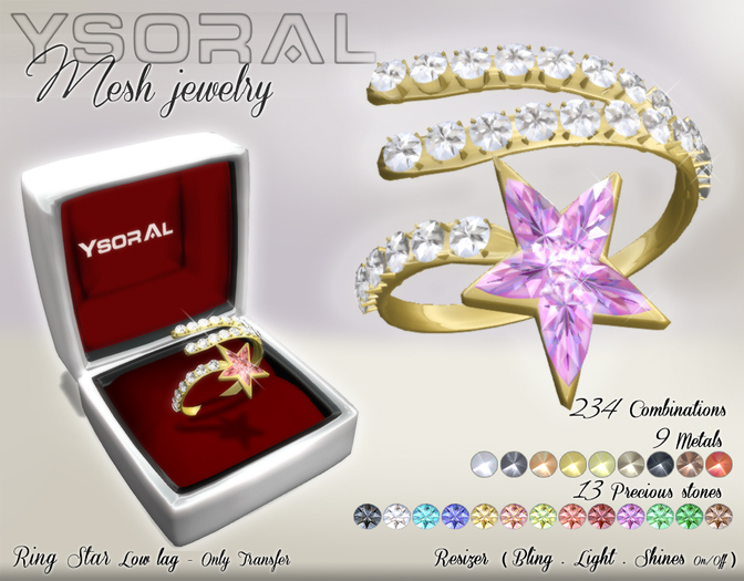 ~~ Ysoral ~~ Ring Star and Gems 25 metal & precious stones -Resiser-Bling-light-shine on/off (HUD)