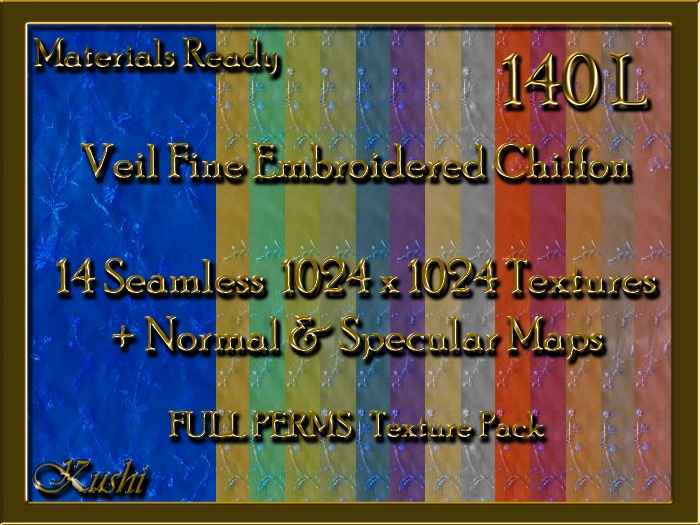 *Kushi* Veil Fine Embroidery On Chiffon Seamless Textures Materials Ready Full Perms 1024x1024 Tileable Repeating