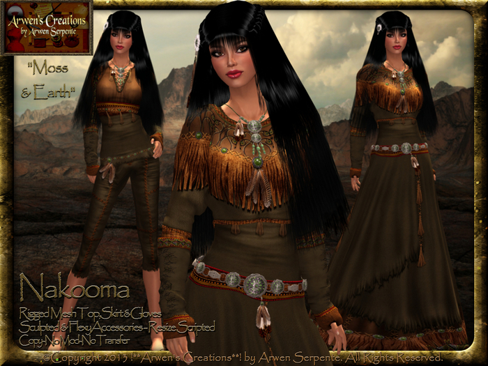 Second Life Marketplace - {AS} Native American Dress: Nakooma Green & Brown,  Standard Rigged Mesh; Buckskin; Indian, Osage, Lakota, Sioux, Western