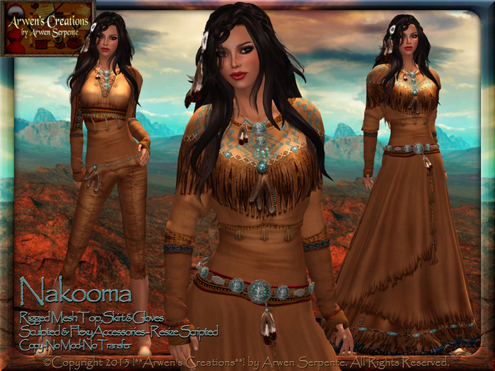 {AS} Native American Dress: Nakooma Golden Brown, Standard Rigged Mesh; Buckskin; Indian, Osage, Lakota, Sioux, Western