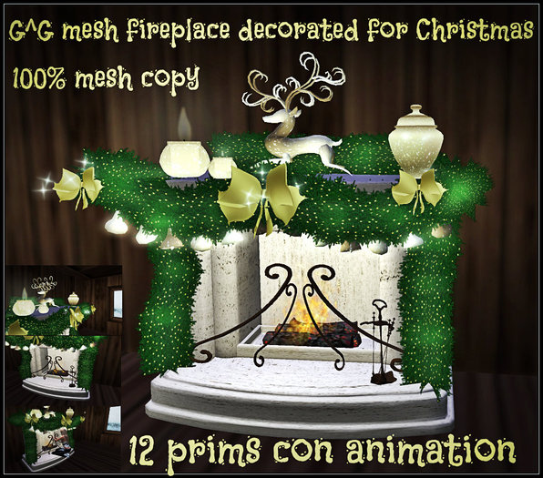 G^G mesh fireplace decorated for Christmas