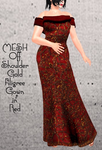  MESH Red/Gold Filigree Off Shoulder Gown