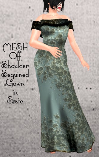  MESH Slate Sequined Off Shoulder Gown