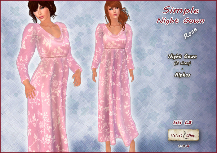 [V/W] Simple Night Gown in Rose - Medieval to contemporary classic night gown for ladies & FW