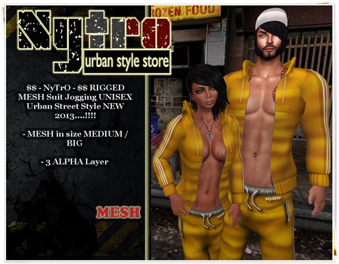 $$ - NyTrO - $$ RIGGED MESH UNISEX Outfit Suit Jogging YELLOW (Pant + Hoodie) Low Fit MAN / WOMAN Street Urban Style