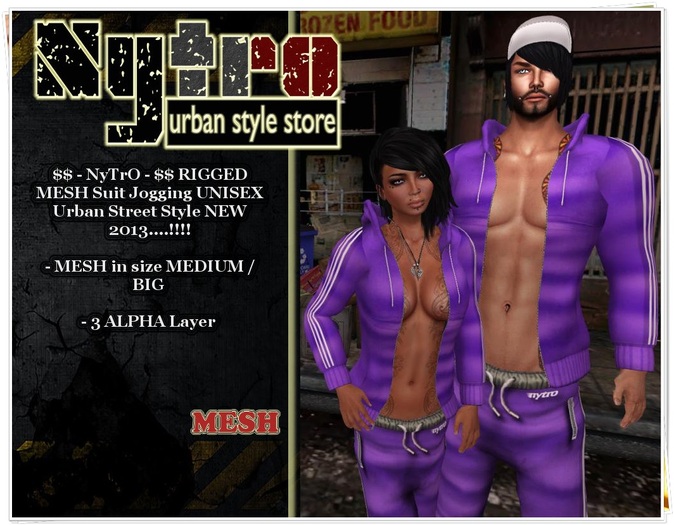 $$ - NyTrO - $$ RIGGED MESH UNISEX Outfit Suit Jogging VIOLET (Pant + Hoodie) Low Fit MAN / WOMAN Street Urban Style
