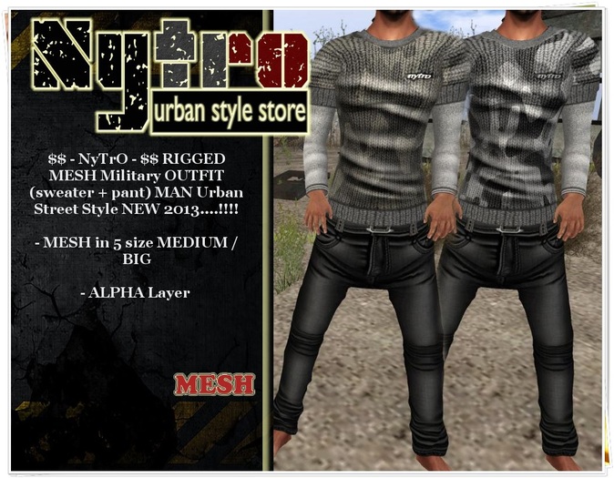 $$ - NyTrO - $$ DEMO RIGGED MESH Military Camo OUTFIT (Pant + Sweater) MAN Street Urban Style