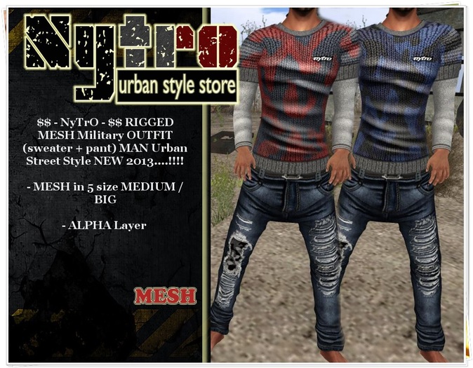 $$ - NyTrO - $$ SALE RIGGED MESH Military Camo OUTFIT RED BLUE (Pant + Sweater) MAN Street Urban Style