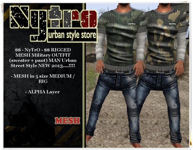 $$ - NyTrO - $$ SALE RIGGED MESH Military Camo OUTFIT GREEN (Pant + Sweater) MAN Street Urban Style