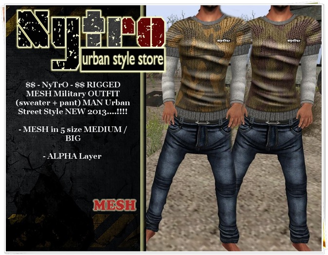 $$ - NyTrO - $$ SALE RIGGED MESH Military Camo OUTFIT BROWN (Pant + Sweater) MAN Street Urban Style