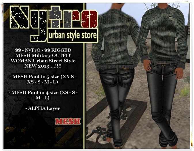 $$ - NyTrO - $$ DEMO RIGGED MESH Military Camo OUTFIT (Pant + Sweater) WOMAN Street Urban Style