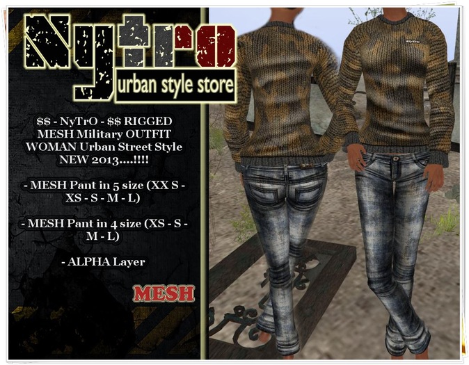 $$ - NyTrO - $$ SALE RIGGED MESH Military Camo OUTFIT BROWN (Pant + Sweater) WOMAN Street Urban Style