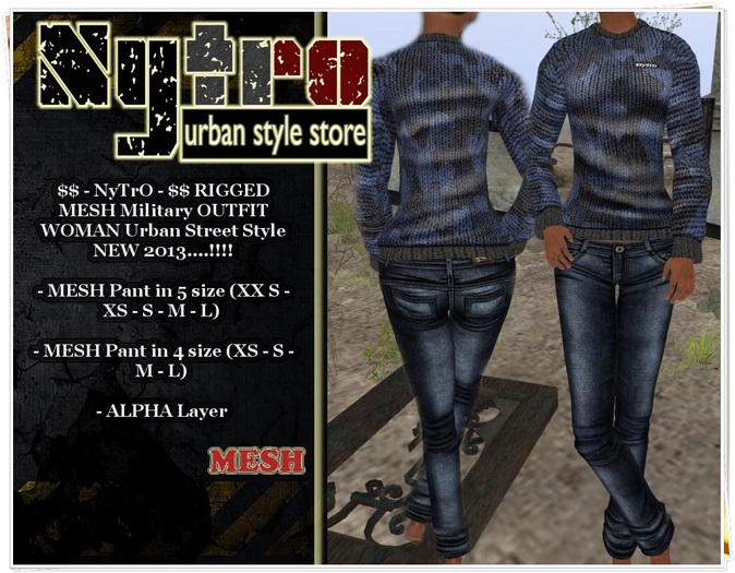 $$ - NyTrO - $$ SALE RIGGED MESH Military Camo OUTFIT BLUE (Pant + Sweater) WOMAN Street Urban Style