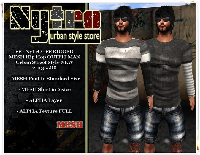 $$ - NyTrO - $$ SALE RIGGED MESH Hip Hop Skate OUTFIT Grey Black (Pant + Shirt) MAN Street Urban Style