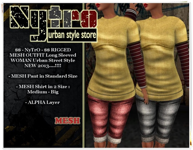 $$ - NyTrO - $$ SALE RIGGED MESH OUTFIT Long Sleeved Skate OUTFIT Yellow Red (Pant + Shirt) WOMAN Street Urban Style