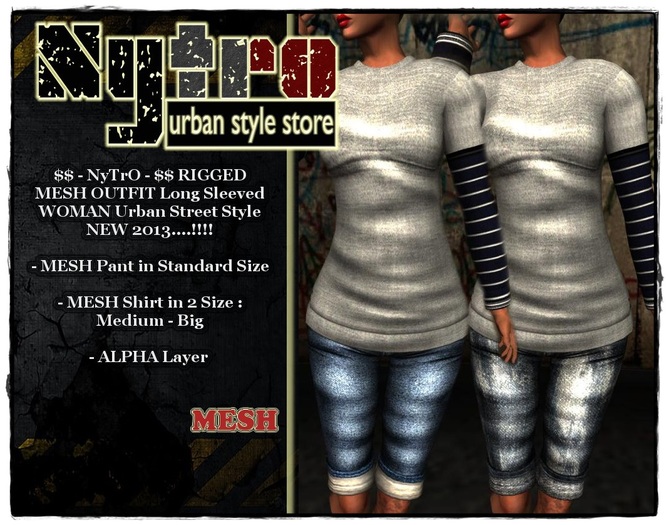 $$ - NyTrO - $$ SALE RIGGED MESH OUTFIT Long Sleeved Skate OUTFIT Grey Blue (Pant + Shirt) WOMAN Street Urban Style