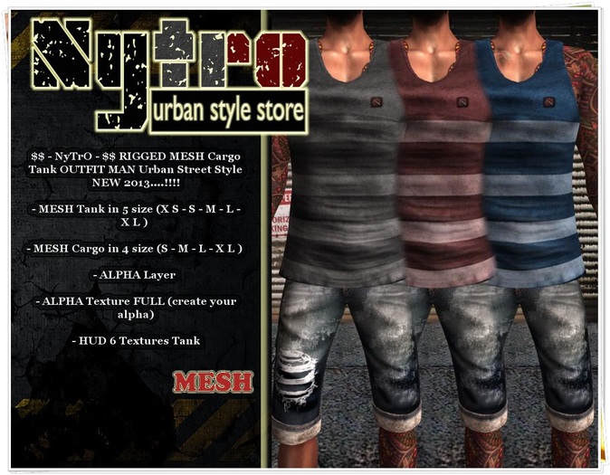 $$ - NyTrO - $$ RIGGED MESH Rick OUTFIT Cargo + Tank Stripes HUD 6 Textures MAN NEW COLLECTION 2013..!!!