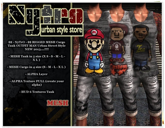 $$ - NyTrO - $$ RIGGED MESH Rick OUTFIT Cargo + Tank Hip Hop HUD 6 Textures MAN NEW COLLECTION 2013..!!!