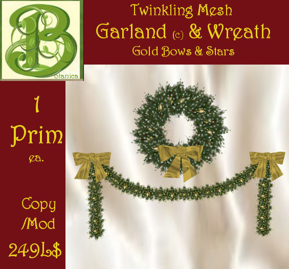 1 Prim ea, Twinkling Garland & Wreath with Gold Bows and Stars, 