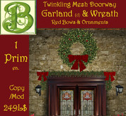 Mesh  Twinkling Door Garland (d) Wreath - Pines w Red Bows, 1 Prim ea